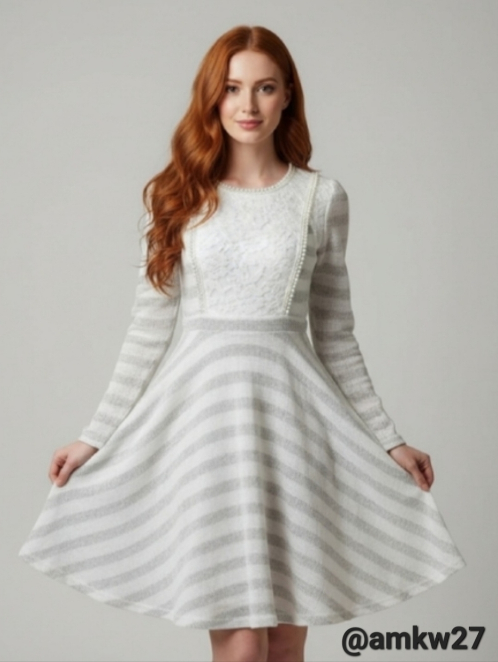 NWT Ryu Striped Sweater Dress White & Light Gray Midi w/ Ivory Floral Lace